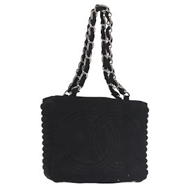 Borsa a spalla con catena CHANEL in cotone nero argento CC Auth 142754 Nero Argento