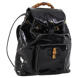 GUCCI Bamboo Backpack Enamel Black Gold 003 2058 0030 Auth bs29262 Black Golden