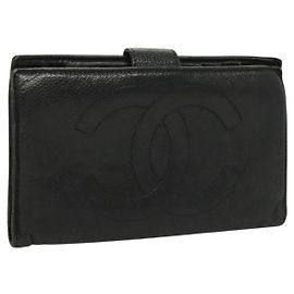 Chanel Vintage CC Bifold Wallet Leather Long Black