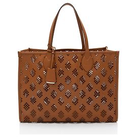 Gucci GG Debossed Calfskin Diamond Cutout Medium Tote Brown
