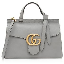 Gucci Pebbled Leather GG Marmont Top Handle Grey