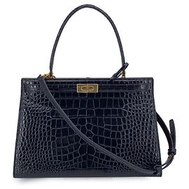 Tory Burch Black Embossed Leather Lee Radziwill Satchel Bag Black