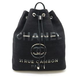 Chanel Deauville Line Canvas 2way Backpack Black Beige Grey