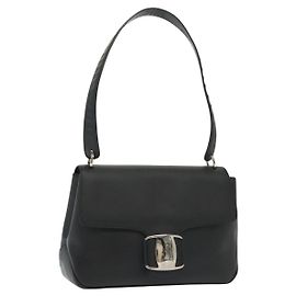 Salvatore Ferragamo Vala Shoulder Bag Leather Black Silver Auth 141933 Black Silvery