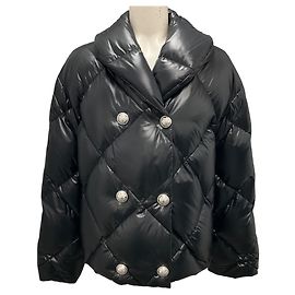 Giacca puffer trapuntata nera con bottoni argentati Balmain Nero