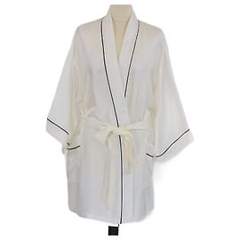 Christian Dior White Silk Floral & Bird Print Belted Robe White