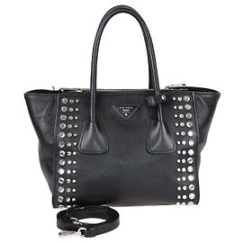 Prada Black Leather Crystal Studded Twin Pocket Tote Black
