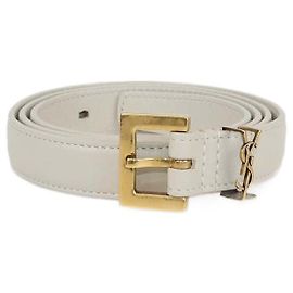 Saint Laurent Off White Leather Cassandre Thin Belt Eggshell