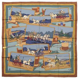 Lenço de Seda 100% Hermès Carré 90 "Carruagem e chapéu" em Marrom Marrom