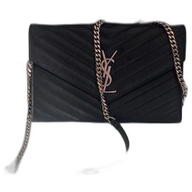 Saint Laurent Cassandre Envelope Chain Wallet Black Leather Black