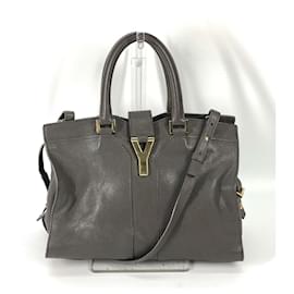 Bolsa tote chic em couro cinza Yves Saint Laurent Marrom
