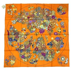 Lenço Hermès Carré 90 Planifleures Laranja