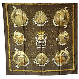 Lenço de seda Hermès Termes de Veneries Dourado Marrom Dourado Fora de branco Castanho escuro