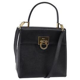 Bolsa de mão em couro Gancini Salvatore Ferragamo 2 em 1 Preto Ouro Auth BA5941 Preto Dourado