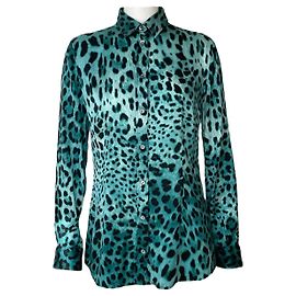Dolce & Gabbana Blue Leopard Print Silk Blouse Black Blue