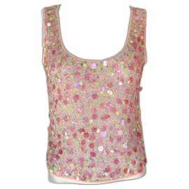 Escada pink sequin beaded mesh top Pink