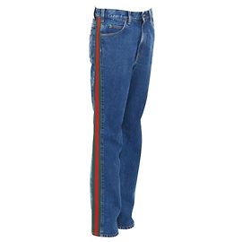 Jeans de perna reta em algodão com acabamento Web da Gucci Azul