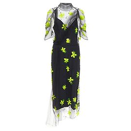 Robe en tulle froncé à fleurs néon Prada 2018 Noir