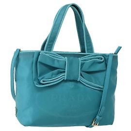 PRADA Sac à main en nylon 2 voies bleu turquoise or Auth BA5686 Doré Turquoise