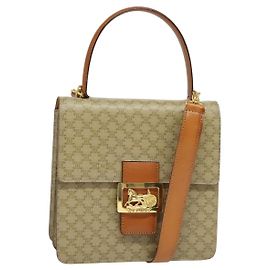Céline Bolsa de mão em lona Macadam CELINE PVC 2em1 Bege Ouro Auth 141009 Bege Dourado