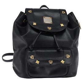 MCM Backpack Leather Black Gold Auth BA5614 Black Golden