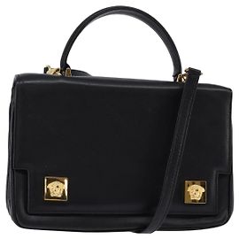 Bolsa de mão em couro Gianni Versace 2 em 1 Preto Dourado Auth BA5965 Preto Dourado