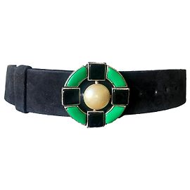 Cinto Chanel Gripoix de couro e camurça preto e verde Preto Verde