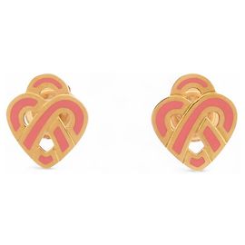 Poiray NUEVAS PENDIENTES CORAZÓN ENTRELAZADO ESMALTE ROSA & ORO AMARILLO 18K Dorado