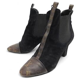 Louis Vuitton-LOUIS VUITTON REVIVAL ANKLE BOOTS 39 MONOGRAM & SUEDE-Black