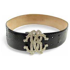 ROBERTO CAVALLI T80 SCHWARZER PYTHONLEDERGÜRTEL MIT LOGO STRASS SCHNALLE Schwarz