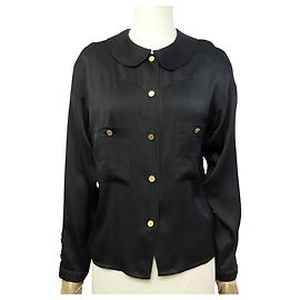 CAMICIA VINTAGE CHANEL DOPPIO LOGO 31 RUE CAMBON 38 M IN SETA NERA TOP Nero