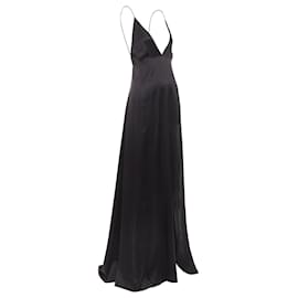 Saint Laurent-SAINT LAURENT 2022 black 100% silk plunge V neck open back high slit gown FR38 M-Black