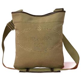 Prada Logo Jacquard Canvas Leather Shoulder Bag Beige