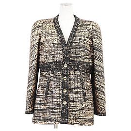 Chanel Wool Blend Tweed Collarless Jacket Black Golden