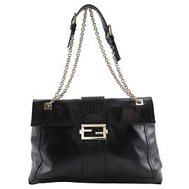 Fendi Maxi Baguette Chain Shoulder Bag Leather Medium Black