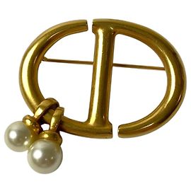 Christian Dior Damen CD Logo Brosche mit Kunstperlen Weiß Golden
