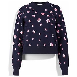 Pull Chanel à Motif Floral en Cachemire Bleu Marine Bleu Marine