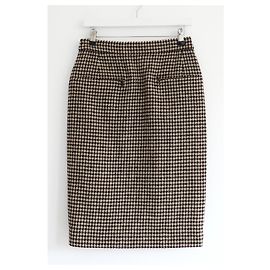Chanel Houndstooth Tweed Skirt Zip Detail Fall 2015 15K Brown