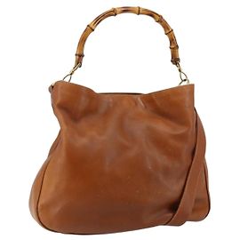 Bolsa de mão em couro GUCCI Bamboo 2 em 1 Bege Prata 001 1577 Auth 143268 Prata Bege
