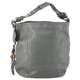 Bolsa de Ombro de Couro Gucci Bamboo Cinza Dourado Auth bs29327 Marrom Dourado