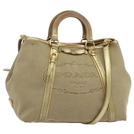 Sac à main en toile jacquard avec logo PRADA 2 en 1 Beige Or Auth 141533 Beige Doré