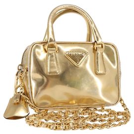 PRADA Bolsa de mão de couro 2 em 1 Ouro Auth 142998 Dourado