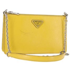 Bolsa de Ombro PRADA em Couro Safiano Amarelo Prata Auth 142941 Prata Amarelo