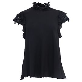 Schwarze Seidenbluse mit Rüschendetails und Spitzenbesatz von Giambattista Valli Schwarz