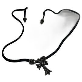 Colar de couro trançado Chrome Hearts Cross - com sinais visíveis de uso Preto Prata