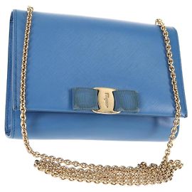 Bolsa de ombro com corrente Salvatore Ferragamo em couro dourado azul claro Auth 135286 Dourado Azul claro
