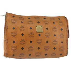 MCM Logogram Vicetos Clutch Bag PVC Leather Brown Gold Auth am9102 Brown Golden