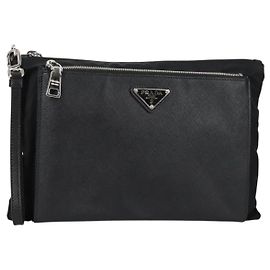 PRADA Clutch Saffiano Nylon Schwarz Silber Auth am9108V Schwarz Silber