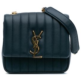 Saint Laurent Blaue Mittelgroße Lammleder Monogramm Vicky Kette Tasche Blau Marineblau