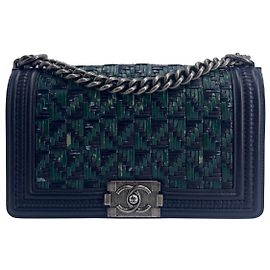 Chanel Boy Clutch Shoulder Bag Tweed Medium Blue